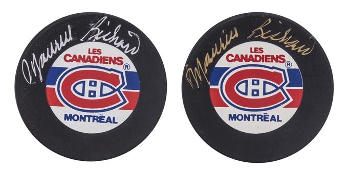 Lot of (2) Maurice Richard Signed Trench Les Canadiens Montreal Hockey Pucks (JSA & Beckett)